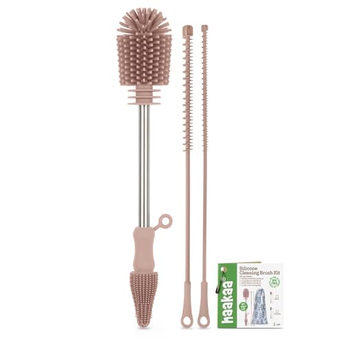 Haakaa Silicone Cleaning Brush Kit - Baby Bottle Brush Cleaner for Breast Pump,Nipple,Breast Milk Storage Bag,Reusable Straw,Sippy Cup - Food Grade Silicone Bristles, Portable - 3 Pcs - Pink - color: Pink, size: 3 Piece Set