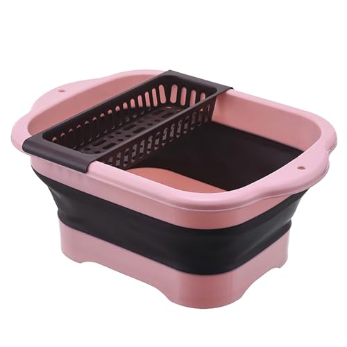2.98 Gallon (11.28L) Collapsible Dish Basin with Drain Plug, Outdoor Multiuse Foldable Sink Tub, Dishpan, Wash Basin, Portable Kitchen Storage Tray for Camping, RV, Beverage Bucket (Pink) - color: Pink