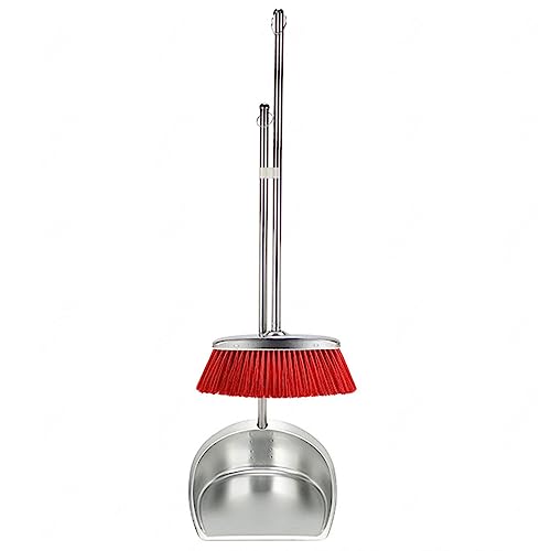 Broom and Dustpan Set with Long Handle, Upright Stainless Steel Dustpan and Broom Combo, Heavy Duty Dust Pans with Broom for Home Kitchen Office Lobby Floor,Red - color: Red