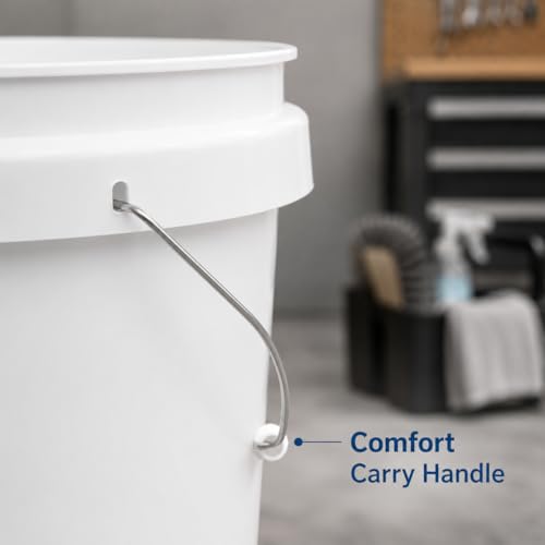 5 Gallon Round Plastic Utility Bucket White Heavy Duty Multi Purpose Pail for Cleaning, Storage, Mixing, Home, Garage, Garden Use