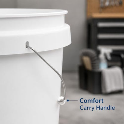 5 Gallon Round Plastic Utility Bucket White Heavy Duty Multi Purpose Pail for Cleaning, Storage, Mixing, Home, Garage, Garden Use
