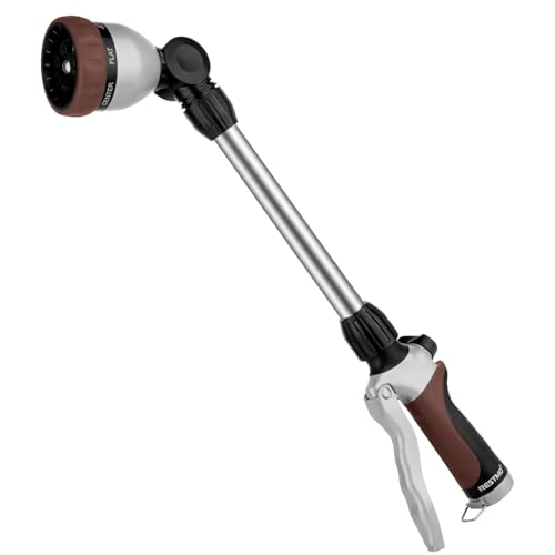 RESTMO Metal Watering Wand, Heavy Duty Garden Hose Wand with 180° Swivel Ratcheting Head, 16'' Hose Nozzle Sprayer with 7 Spray Patterns and Flow Control, for Water Hanging Baskets and Shrubs, Brown - color: Brown