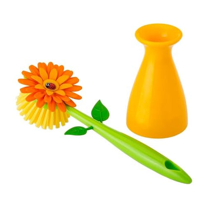 Vigar Flower Power Dish Brush with Handle and Vase Holder - Dish Scrub Brush for Dishes, Kitchen Scrub Brush, Dish Brush with Handle, Sink Cleaning Brush, Pot Scrubber, Dishwashing Brush - Orange - color: Orange