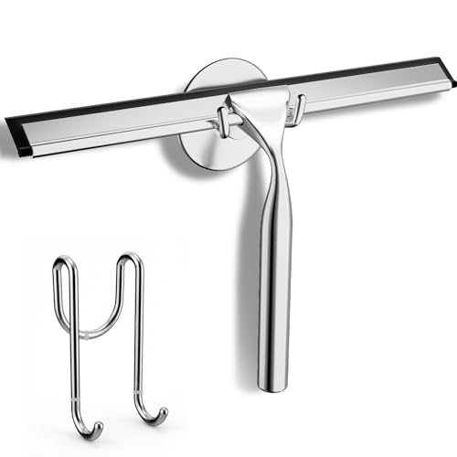 FARMER Shower Squeegee for Glass Doors, 10-Inch Glass Squeegee for Windows, Car Glass and Mirrors, Multi-Purpose Stainless Steel Squeegee with Suction Wall Hook and Over Door Hook, Silver - color: Silver