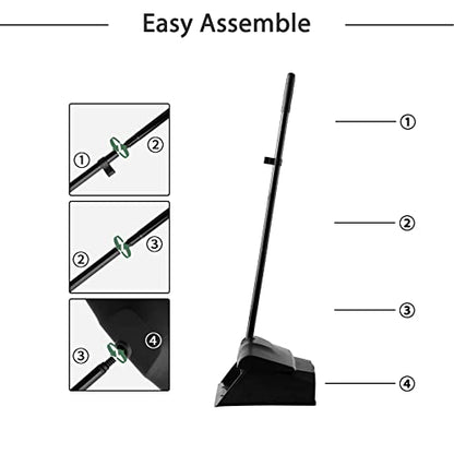 Eyliden Commercial Angle Broom and Dustpan Combo, with Long Handle and Lid, Lobby Dust Pan Sweep Set for Outdoor Garages Courtyard Sidewalks Decks Indoor Home Kitchen Room Office (Black Broom+Dustpan)