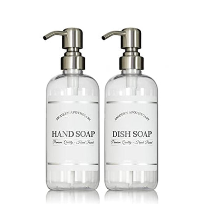 Clear Refillable Hand and Dish Soap Dispenser Set with Pumps for Kitchen Sink - PET Plastic Soap Bottles Refillable with Pump - Waterproof Labels - 16 oz, 2 Pack (Stainless Steel) - color: Stainless Steel Pumps
