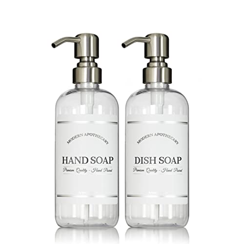 Clear Refillable Hand and Dish Soap Dispenser Set with Pumps for Kitchen Sink - PET Plastic Soap Bottles Refillable with Pump - Waterproof Labels - 16 oz, 2 Pack (Stainless Steel) - color: Stainless Steel Pumps