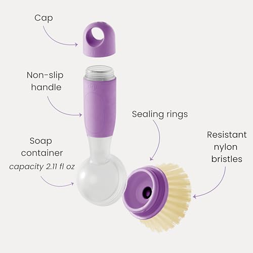 Vigar Rengo Dish Brush with Soap Dispenser - Dish Scrubber with Handle, Kitchen Scrub Brush for Dishes, Sink Cleaning Brush, Soap Dispensing Dish Wand with Nylon Bristles, Non Scratch - Purple - color: Purple
