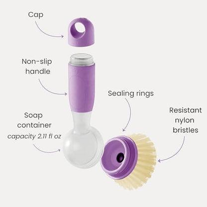 Vigar Rengo Dish Brush with Soap Dispenser - Dish Scrubber with Handle, Kitchen Scrub Brush for Dishes, Sink Cleaning Brush, Soap Dispensing Dish Wand with Nylon Bristles, Non Scratch - Purple - color: Purple