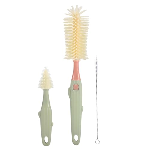 Baby Bottle Brush Set 3-in-1, Silicone Brush with Wall Mount Holder, 11" Long Handle + Nipple Brush + Straw Cleaner for Cups & Straws – BPA Free (Green) - color: Green