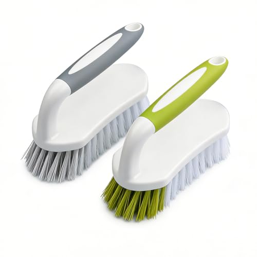 Scrub Brush 2 Pack Heavy Duty Stiff Bristle Multi-Purpose Cleaning Brush with U-Shaped Handle Durable Plastic Small Brush for Shoes Floor Kitchen Sink Bathroom Scrubber (Yellow-Green+Gray) - color: Yellow-green+gray