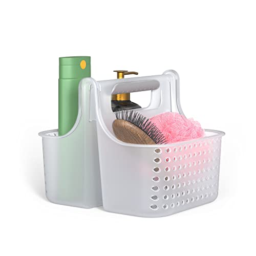 Brookstone Modern Large Portable Shower Caddy with Soft Silicone Carrying Handle, Bathroom Organizer Basket, Plastic Bath Tote and Shower Organizer, Quick Dry Drainage Holes, BPA Free, Clear - color: Clear / Frost
