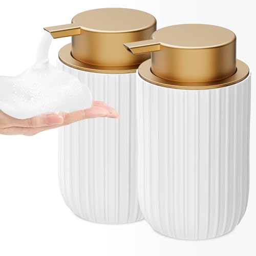 Ceramic Foaming Soap Dispenser, 12 oz Bathroom Foam Hand Soap Dispenser, Refillable Lotion Soap Dispenser with Removable Pump for Kitchen Hand Wash Dispenser, Modern Home Decor(2Pack-White) - color: Matte White Gold-2pack