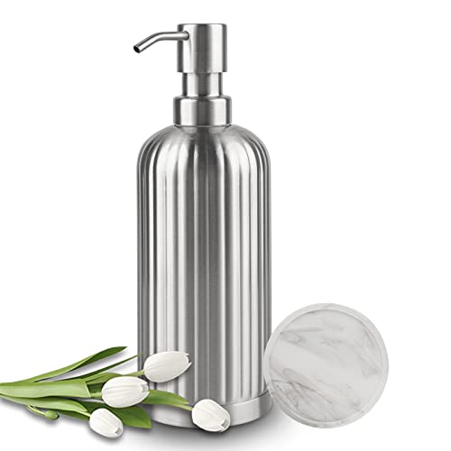 AUMIO Soap Dispenser 18 Oz with Non-Slip Coaster, Stripe Design Dish Soap Dispenser Brushed Nickel, Refillable Liquid Hand Soap Dispenser for Bathroom, Kitchen Soap Dispenser Premium Stainless Steel - color: Silver Stripes