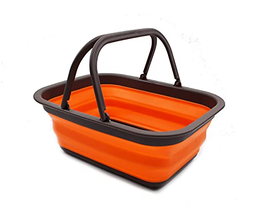 SAMMART 9.2L (2.37Gallon) Collapsible Tub with Handle - Portable Outdoor Picnic Basket/Crater - Foldable Shopping Bag - Space Saving Storage Container (1, Brown/Orange) - color: Brown/Orange