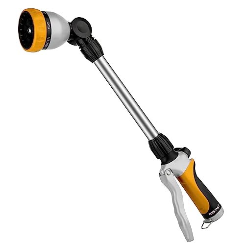 RESTMO Metal Watering Wand, Heavy Duty Garden Hose Wand with 180° Swivel Ratcheting Head, 16'' Hose Nozzle Sprayer with 7 Spray Patterns and Flow Control, for Water Hanging Baskets and Shrubs, Yellow - color: Yellow