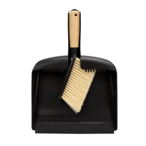 Mini Dustpan and Brush Set with Bamboo Handle, Portable Multipurpose Broom Dustpan Set with Handle Teeth, for Desktops, Bedroom, Kitchen, Pet Care, Camping, Black, 1 Set - color: Black