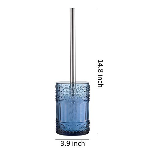 Decorative Glass Toilet Brush and Holder Set, 14.8 inch Height, Blue