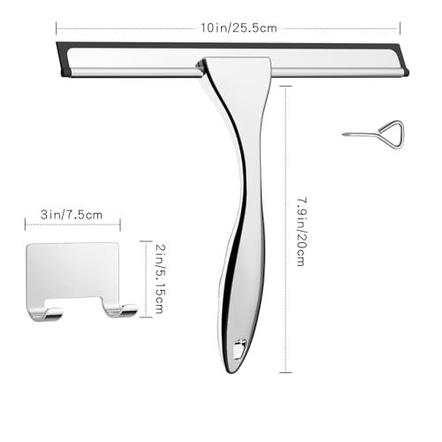 All-Purpose Stainless Steel Shower Squeegee - Shower Glass Door with Adhesive Hooks, Bathroom Cleaner Tool Household Window Mirror Squeegee, Cleaning Tile Wall, Car, 10 Inch Silver