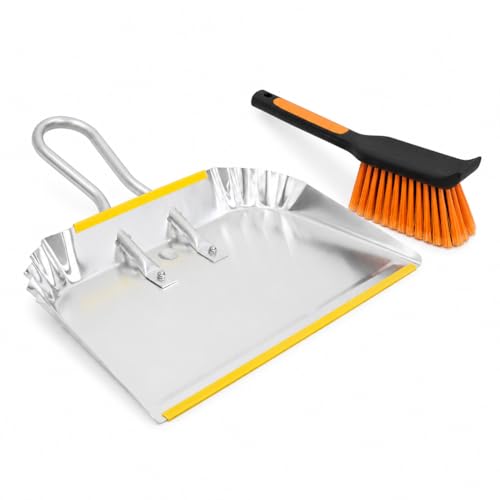 17" Heavy Duty Metal Dust Pan with Brush Set, Large Wide Mouth Dustpan with Stiff Bristle Cleaning Brush for Garage, Yard, Fireplace Ash, Wood Stove, Workshop and Outdoor Cleanup, Silver - size: 1 Count (Pack of 1) with Brush