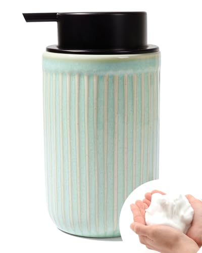 BosilunLife Foam Hand Soap Dispenser - Ceramic Foaming Soap Dispenser for Bathroom 12oz Refillable Liquid Lotion Soap Dispenser with Rust-Proof Foaming Pump for Countertop (Light Green) - color: Light Green Foam Pump