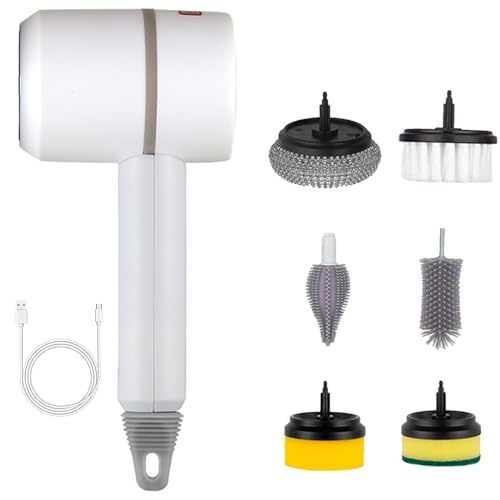 Electric Spin Scrubber, Cordless Electric DishGun Cleaning Brush, with 6 Replaceable Brush Heads Power Scrubber, for Bathroom Floor Window Kitchen Sink Dish Pot (Color : White) - color: White