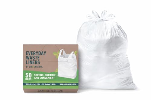 Biodegradable 13 Gallon White Kitchen Trash Bags with Ergonomic Handles (50 Pack) - Extra Strong, Leak-Proof & Thick 1.18 Mil - 15% Thicker Than Most - Fits Standard 13 Gal Cans - Eco-Friendly D2W - style: 13 Gallon with Handles