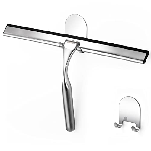 HOME SO Shower Squeegee for Glass Doors – Stainless Steel Squeegee with Adhesive Hooks - Window, Floor & Car Squeegee, Multi-Purpose Bathroom, Mirror & Tile Cleaner - Bathroom Essentials - Chrome 12" - color: Chrome