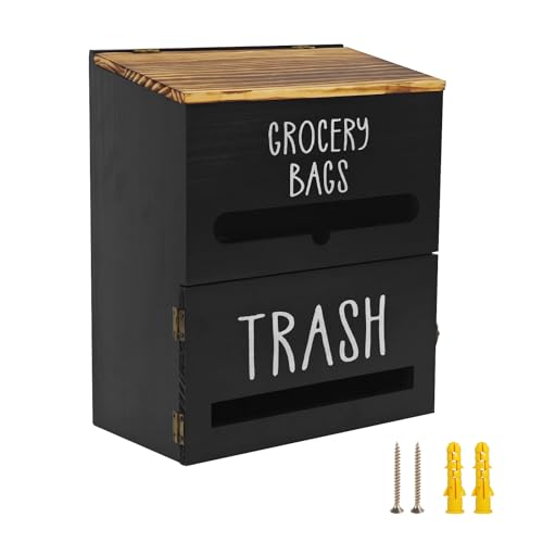 2 in 1 Trash Bag Dispenser, Double Wall Mounted,Wood Trash Bag Holder, used in kitchen, garage, laundry room, can store Environmentally friendly food bags and garbage bags (Black) - color: Black/Large(10inch*5.5inch*12.2inch)