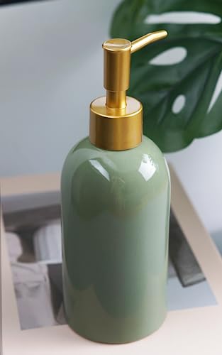 Ceramic Soap Dispenser Green with Gold Pump,Simple Design Cylindrical Lotion Dispenser Bottle,Refillable Liquid Hand Soap Dispenser for Kitchen,Bathroom,Washroom - color: Green（a）