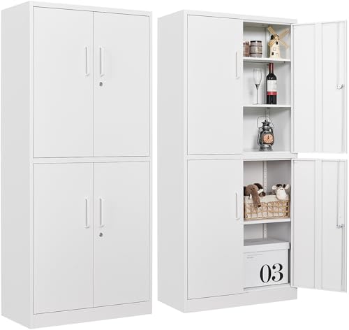 Metal Storage Cabinet with 3 Adjustable Shelves,White Storage Cabinet with Lock,71" Lockable Metal Cabinets with Locking Doors,Tall Steel Pantry Cabinets 4 Door for Home,Office,Garage,Bathroom,Kitchen - color: White, size: 71"H -4 Door