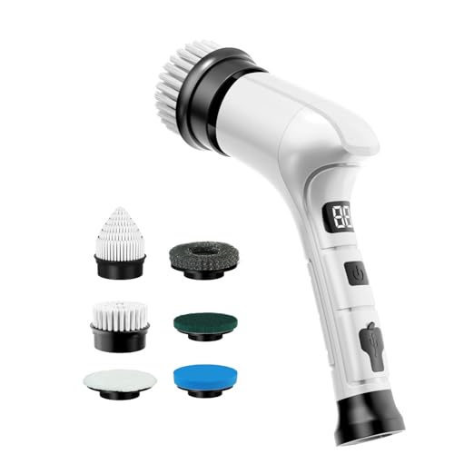 Electric Spin Scrubber, Cordless Household Cleaning Brush with 6 Replaceable Heads, 3 Speeds, LED Display, Lightweight Handheld Power Scrubber for Cleaning Stove/Bowl/Sink/Corner/Tile/Grout-White - color: White
