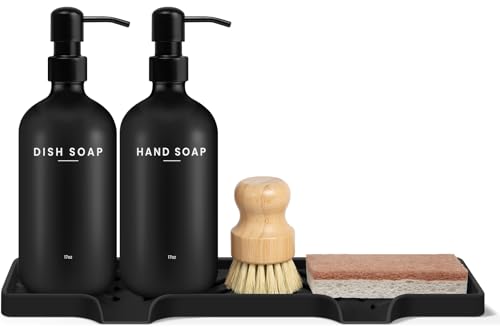 Kitchen Soap Dispenser Set, Kitchen Sink Organizer with Self Draining Silicone Tray, 2 x 17oz Glass Soap Dispensers, Stainless Steel Pumps, Bamboo Brush & Sisal Sponge - Black - color: Black Bottle + Black Pump