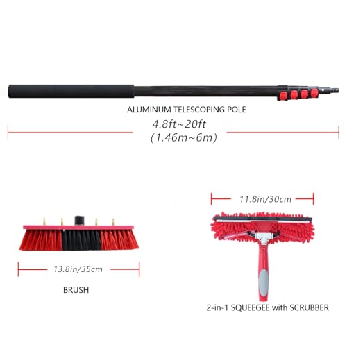 20ft Water Fed Pole Brush with Squeegee Kit Telescoping High Reach Window Cleaning Tool with Soap Dispenser Extension Solar Panel Cleaner for Household