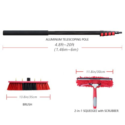 20ft Water Fed Pole Brush with Squeegee Kit Telescoping High Reach Window Cleaning Tool with Soap Dispenser Extension Solar Panel Cleaner for Household