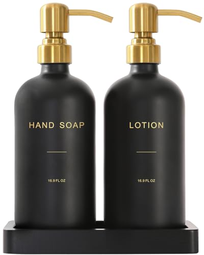Prus Waso Soap Dispenser Bathroom Set, Hand and Lotion Dispenser with Stainless Steel Pump, Perfect for Black and Gold Bathroom Decor. (Gold & Black) - color: Hl Gold Pump & Black Bottle