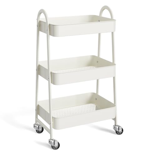 NEWBULIG 3-Tier Metal Rolling Storage Cart, Heavy Duty Mobile Utility Organizer Shelf with Lockable Wheels, Multifunctional Trolley for Daily Supplies, Home Indoor Daily Use, White - color: White, size: 3 Shelves