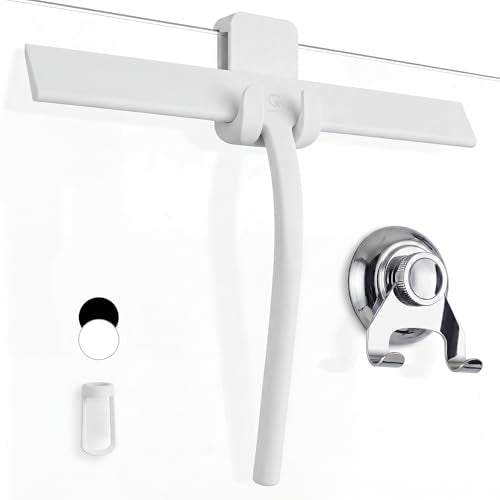 GÜTEWERK Silicone Shower Squeegee for Glass Doors & Mirrors with Stainless Steel Core, Streak-Free & No-Squeak Window Cleaning, 3-in-1 No-Drill Mount (Hook/Suction/Adhesive),White, 13 Inches - color: White, size: 13 Inches