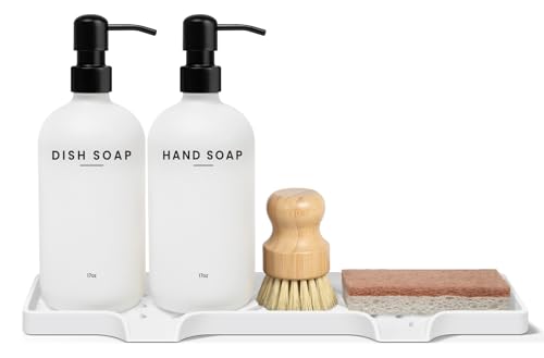 Kitchen Soap Dispenser Set, Kitchen Sink Organizer with Self Draining Silicone Tray, 2 x 17oz Glass Soap Dispensers, Stainless Steel Pumps, Bamboo Brush & Sisal Sponge - White - color: White Bottle + Black Pump