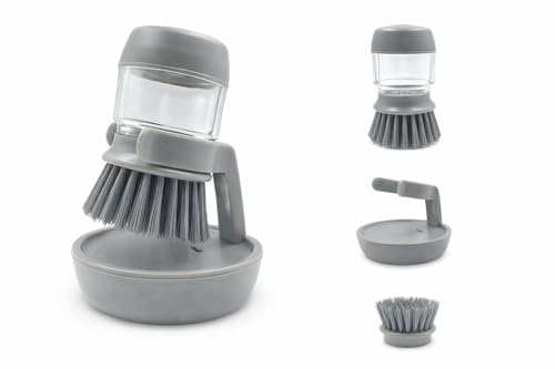 Soap Dispensing Dish Brush with Holder – Leakproof Kitchen Scrubber Brush with Soap Dispenser, Palm Grip Dish Cleaning Brush for Pots, Pans, Sink & Dishes – Gray