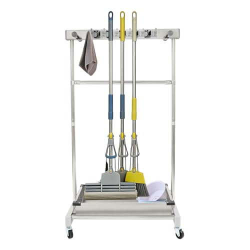 Broom and Mop Holder on Wheels, Load 440 LBS Movable Cleaning Cart Broom Storage Rack with Stainless Steel Basin,5 Mop Hanger Grippers, 12 Hooks, Garden Tool Stand for Garden,Hotels,Home
