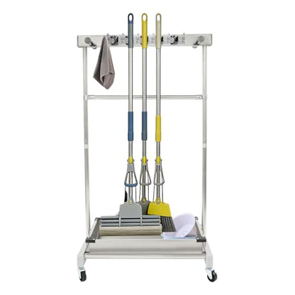 Broom and Mop Holder on Wheels, Load 440 LBS Movable Cleaning Cart Broom Storage Rack with Stainless Steel Basin,5 Mop Hanger Grippers, 12 Hooks, Garden Tool Stand for Garden,Hotels,Home