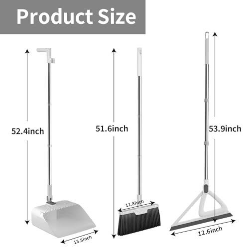 3 Pieces 52'' Broom with Dustpan Combo Set and Silicone Air Broom Kit, Long Handle Broom and Dustpan Sets with Teeth, Upright Storage Household Broom and Dustpan Sets Light Gery