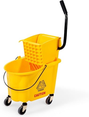 Plexon Commercial Mop Bucket with Wringer on Wheels - 26 Quart, Yellow - Heavy Duty Industrial Mop Bucket and Wringer, Side-Press Bucket with Wringer Set for Home Office Restaurant Business