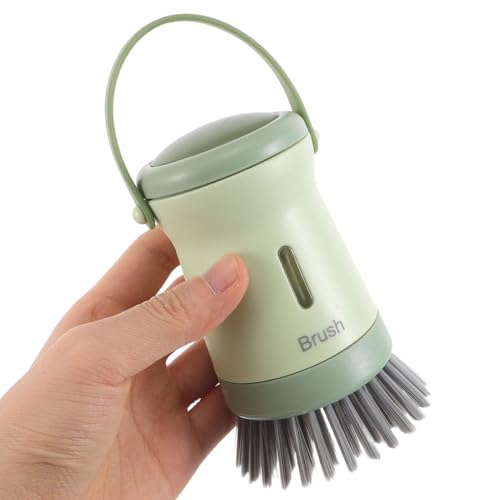 NUOBESTY Soap Dispensing Kitchen Scrub Brush with Handle for Pots and Pans, Palm Dish Scrubber Brush with Built-in Soap Dispenser, Green Dishwashing Tool for Sink Cleaning