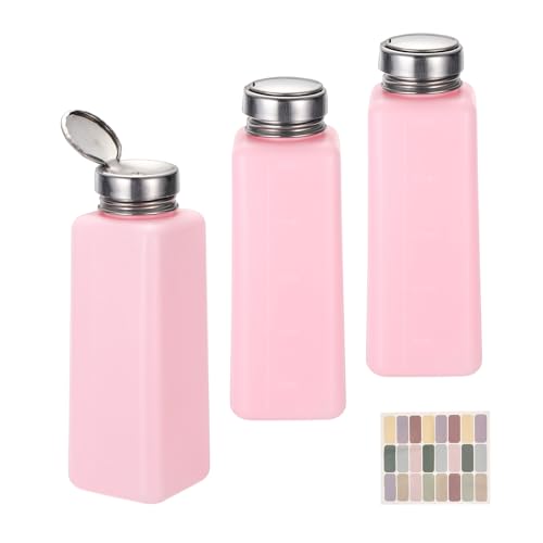uxcell 3Pcs Push Down Solvent Dispenser, 500ml/16.9oz Anti-Reflux Liquid Pump Bottle with Stainless Steel Lid and Colorful Stickers for Acetone Alcohol Makeup Remover, Pink - color: Pink, size: 500ml/16.9oz