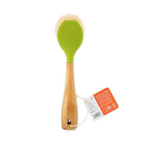 Full Circle Daily Dish Brush-Bamboo Handle Dish Brush–Sustainable Kitchen Cleaning with Tough Bristles-Natural Dish Scrubber, Nonstick & Cast Iron Cleaner-Long Handle Brush for Dishes, Pots, and Pans - color: Green