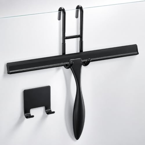 12 Inch Shower Door Squeegee - Black Shower Squeegee for Streak-Free Bathroom Glass - Stainless Steel Cleaner with Silicone Blade, Adhesive & Hanging Hooks for Mirror, Tile, Window, Car, Everyday Use - color: Black, size: 12 Inch