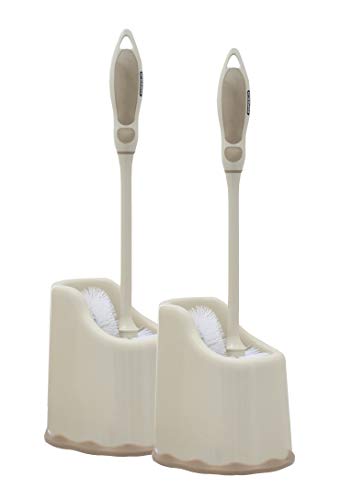 Superio Toilet Bowl Brush and Holder with Under Rim Cleaner for Bathroom, Toilet Brush and Caddy with Non Scratch Bristles and Under Rim Lip Brush, Beige (2 Pack) - color: Beige