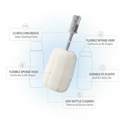 Long Handle Bottle Brush with Sponge Head, 13 Inch Cleaning Tool for Vacuum Flask and Narrow Neck Containers (1 PC) - color: White